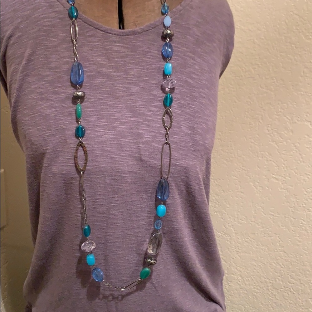 Shades of blue, single strand, long necklace